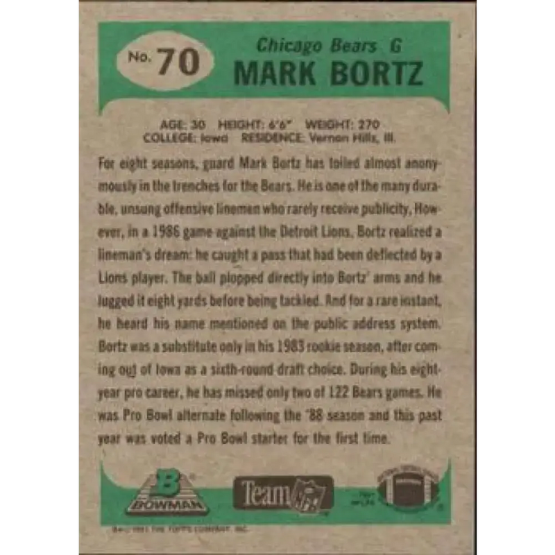 1991 Bowman #70 Mark Bortz NM-MT Chicago Bears Football Card - Football Card Single