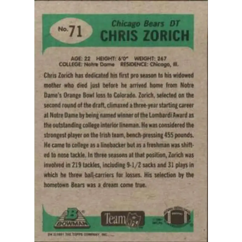 1991 Bowman #71 Chris Zorich NM-MT RC Rookie Chicago Bears Football Card - Football Card Single