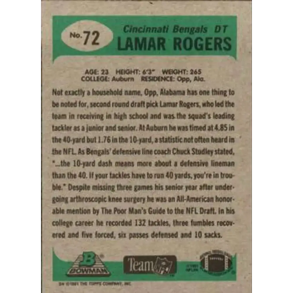 1991 Bowman #72 Lamar Rogers NM-MT RC Rookie Cincinnati Bengals Football Card - Football Card Single