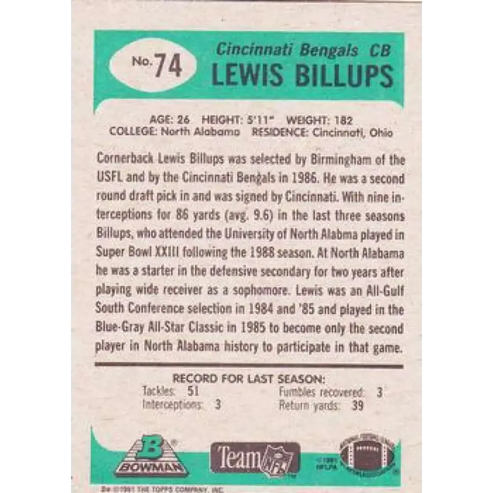 1991 Bowman #74 Lewis Billups NM-MT Cincinnati Bengals Football Card - Football Card Single
