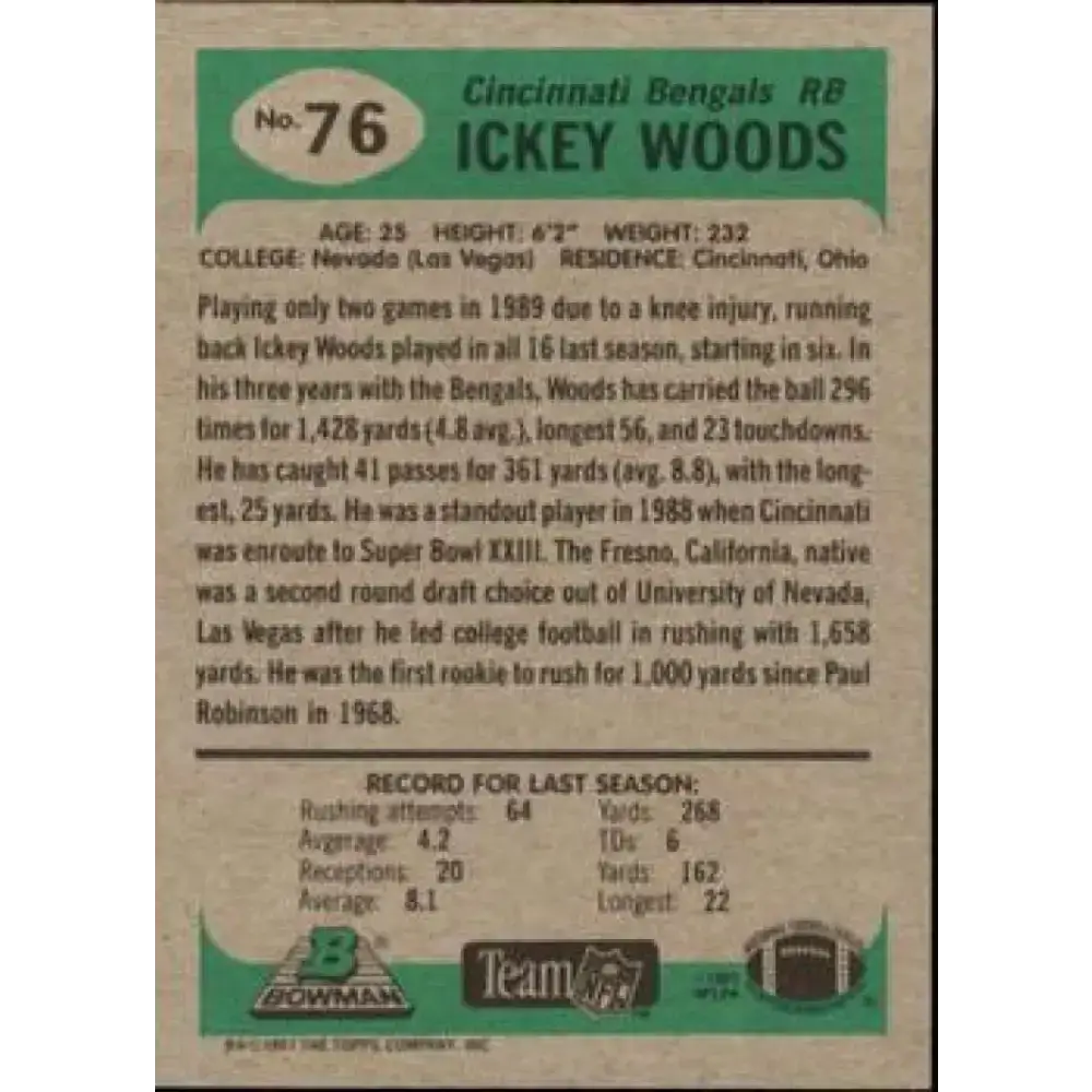 1991 Bowman #76 Ickey Woods NM-MT Cincinnati Bengals Football Card