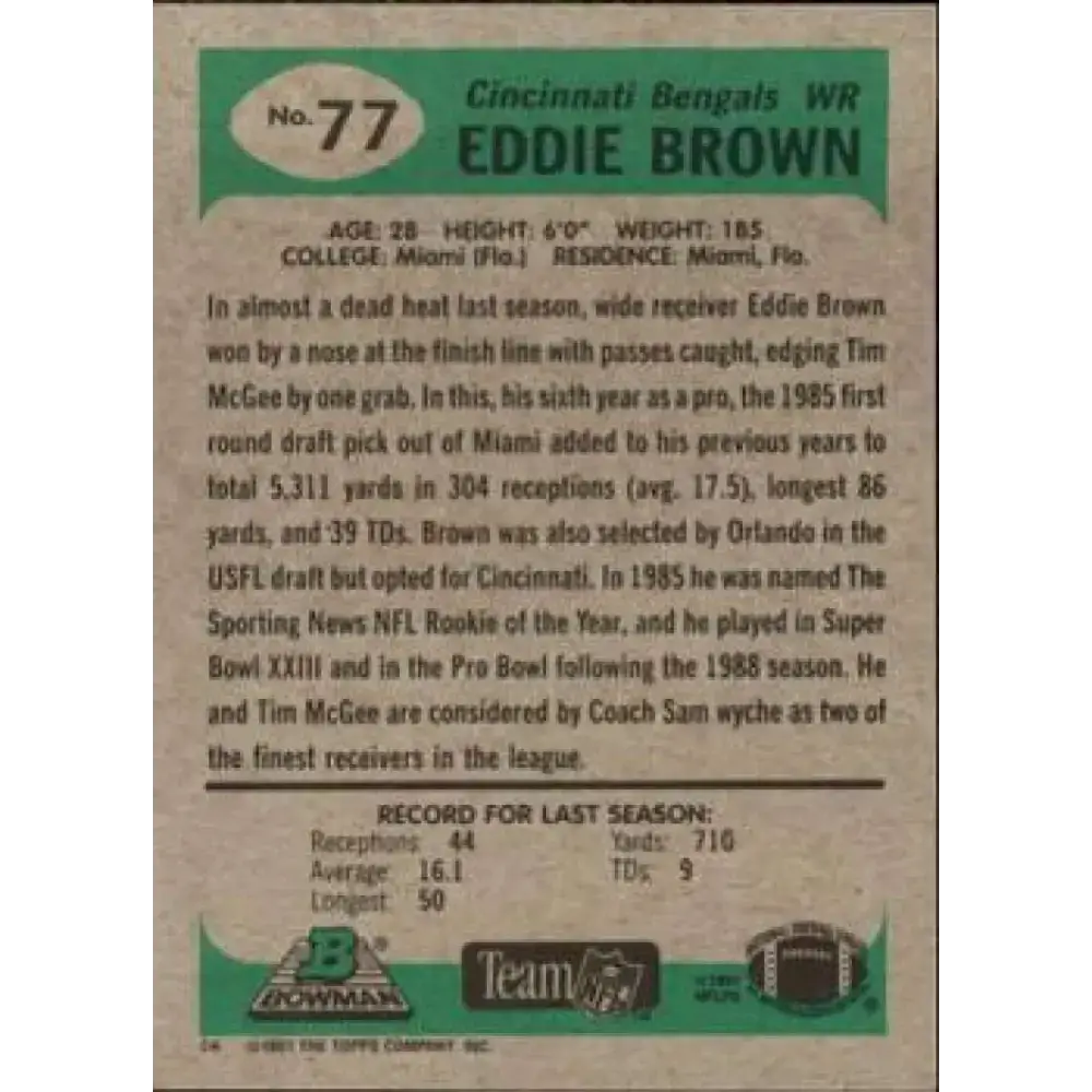 1991 Bowman #77 Eddie Brown NM-MT Cincinnati Bengals Football Card - Football Card Single