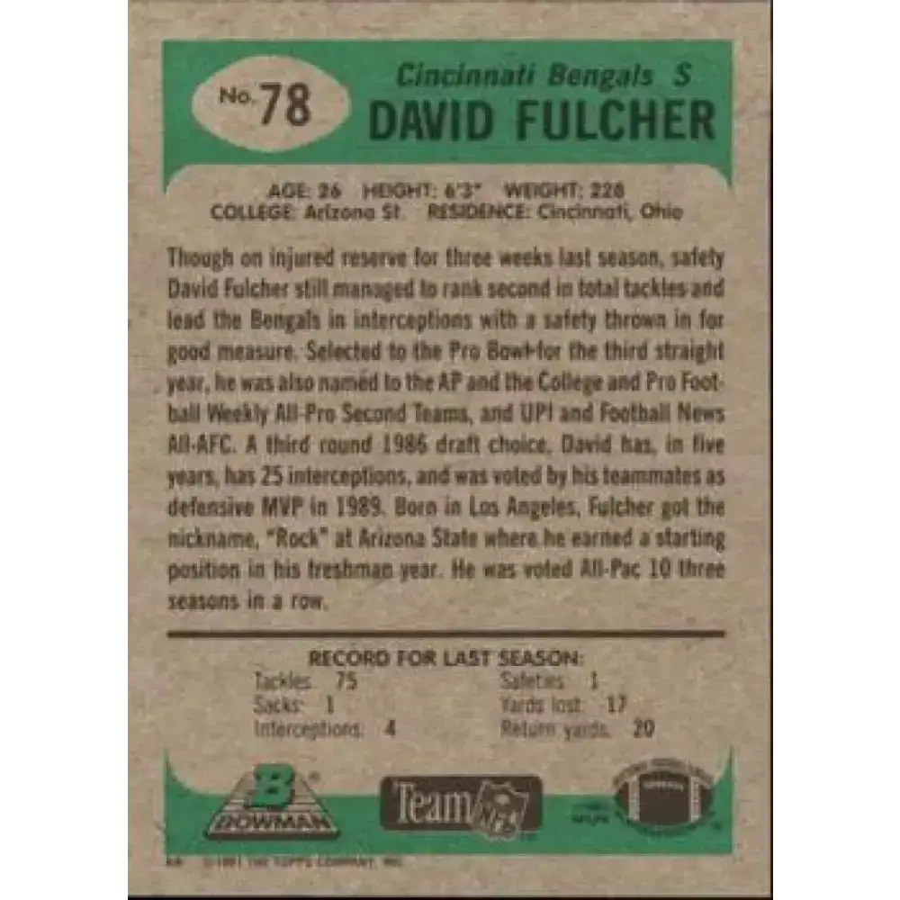1991 Bowman #78 David Fulcher NM-MT Cincinnati Bengals Football Card - Football Card Single
