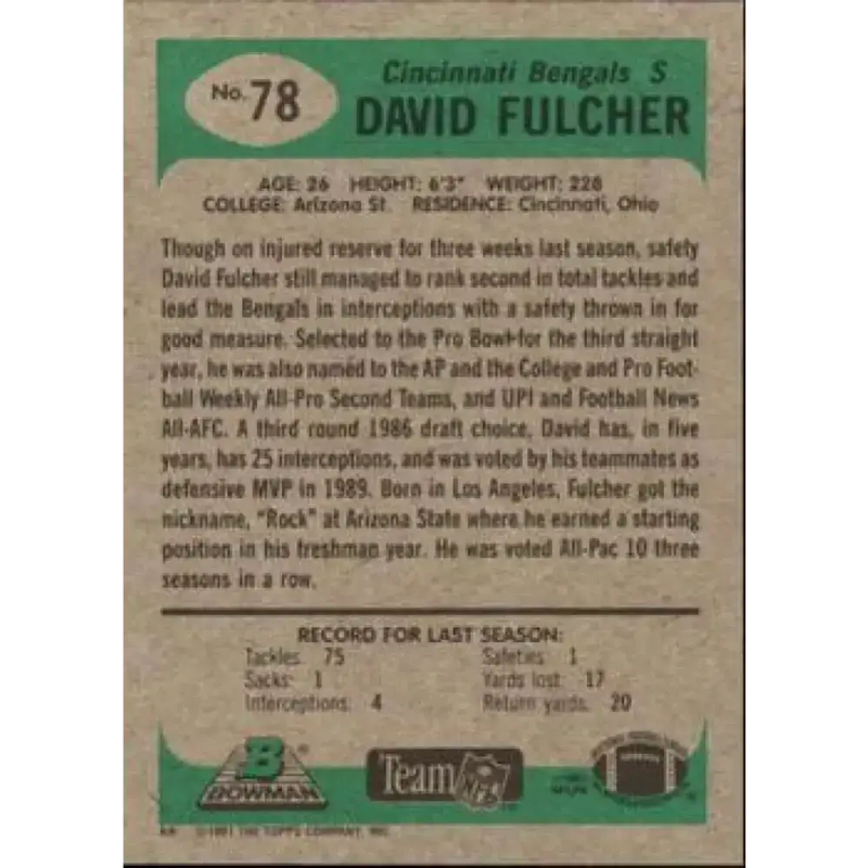 1991 Bowman #78 David Fulcher NM-MT Cincinnati Bengals Football Card - Football Card Single