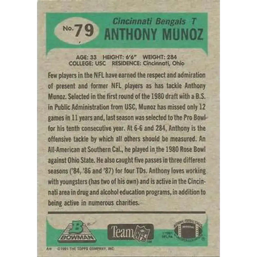 1991 Bowman #79 Anthony Munoz NM-MT Cincinnati Bengals Football Card - Football Card Single