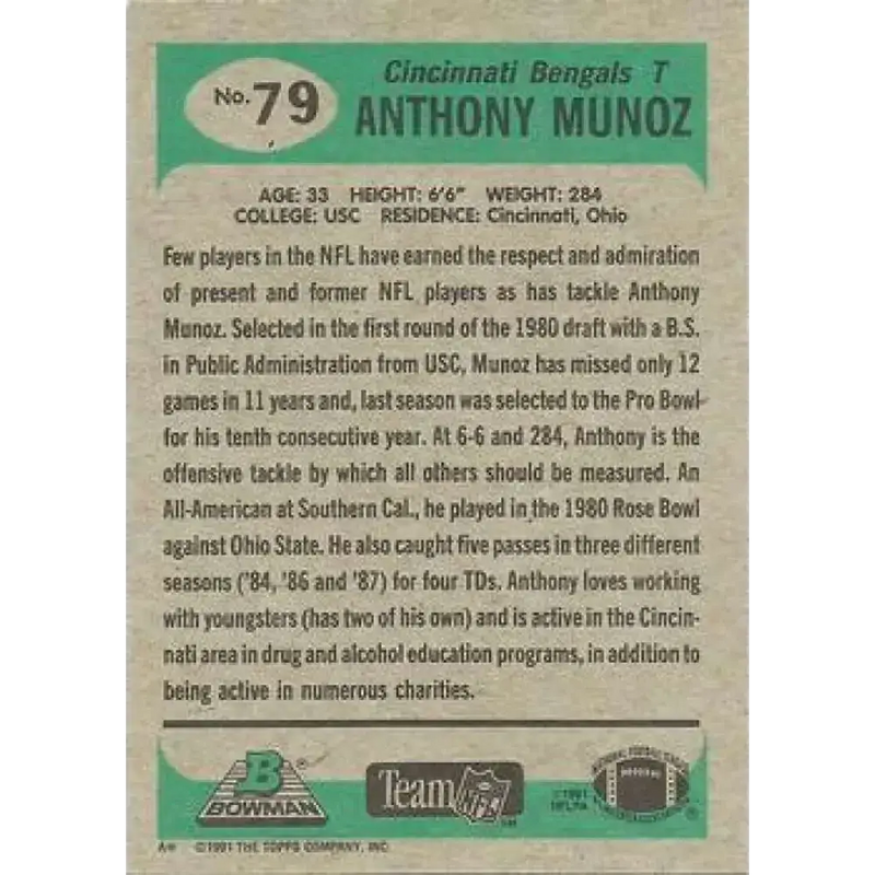 1991 Bowman #79 Anthony Munoz NM-MT Cincinnati Bengals Football Card - Football Card Single