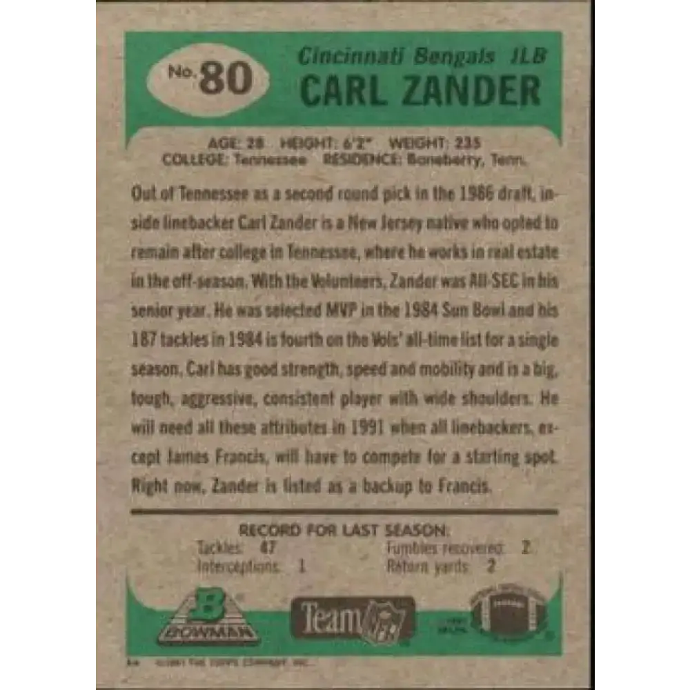 1991 Bowman #80 Carl Zander NM-MT Cincinnati Bengals Football Card - Football Card Single