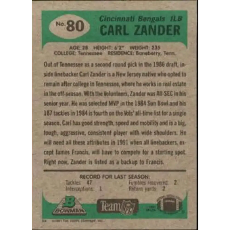 1991 Bowman #80 Carl Zander NM-MT Cincinnati Bengals Football Card - Football Card Single