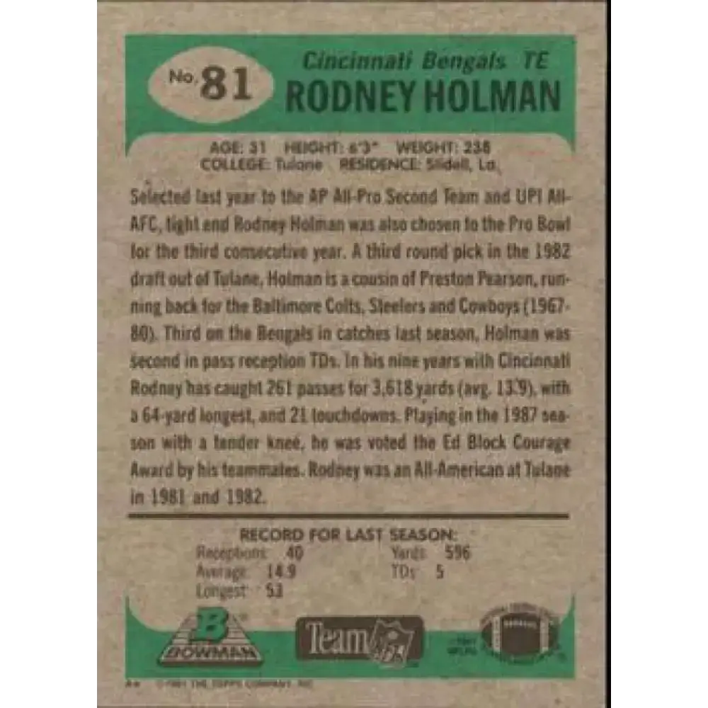 1991 Bowman #81 Rodney Holman NM-MT Cincinnati Bengals Football Card - Football Card Single