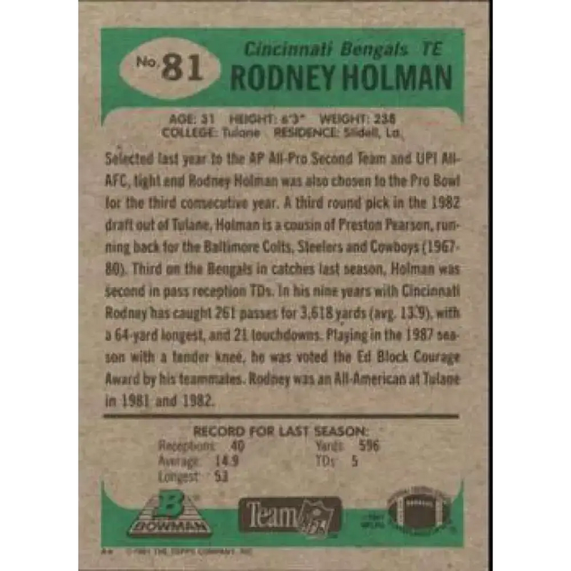 1991 Bowman #81 Rodney Holman NM-MT Cincinnati Bengals Football Card - Football Card Single