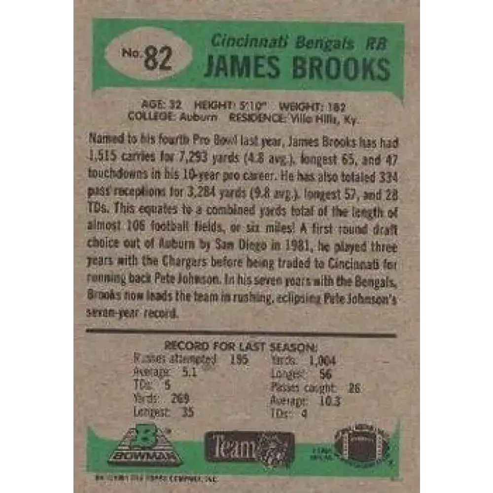 1991 Bowman #82 James Brooks NM-MT Cincinnati Bengals Football Card - Football Card Single