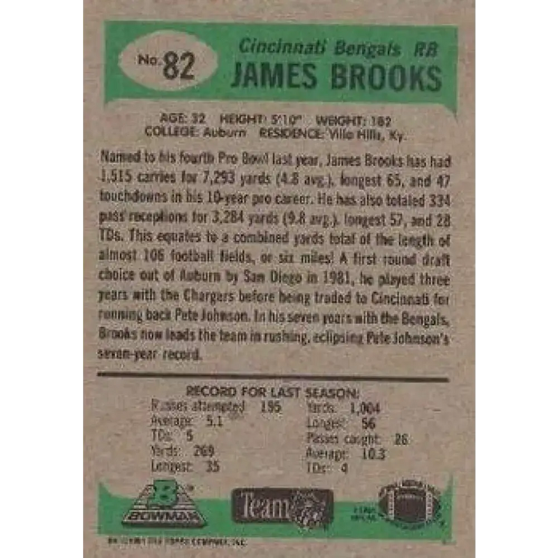 1991 Bowman #82 James Brooks NM-MT Cincinnati Bengals Football Card - Football Card Single