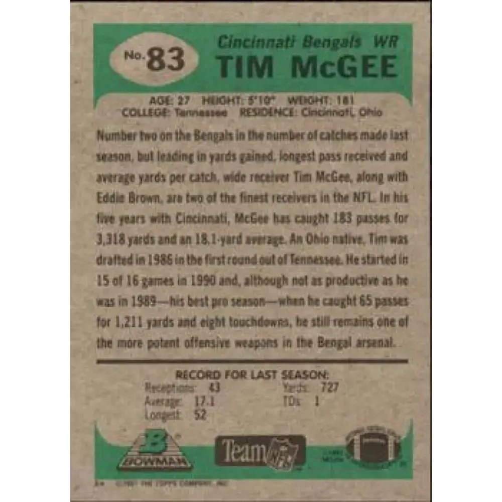 1991 Bowman #83 Tim McGee NM-MT Cincinnati Bengals Football Card - Football Card Single
