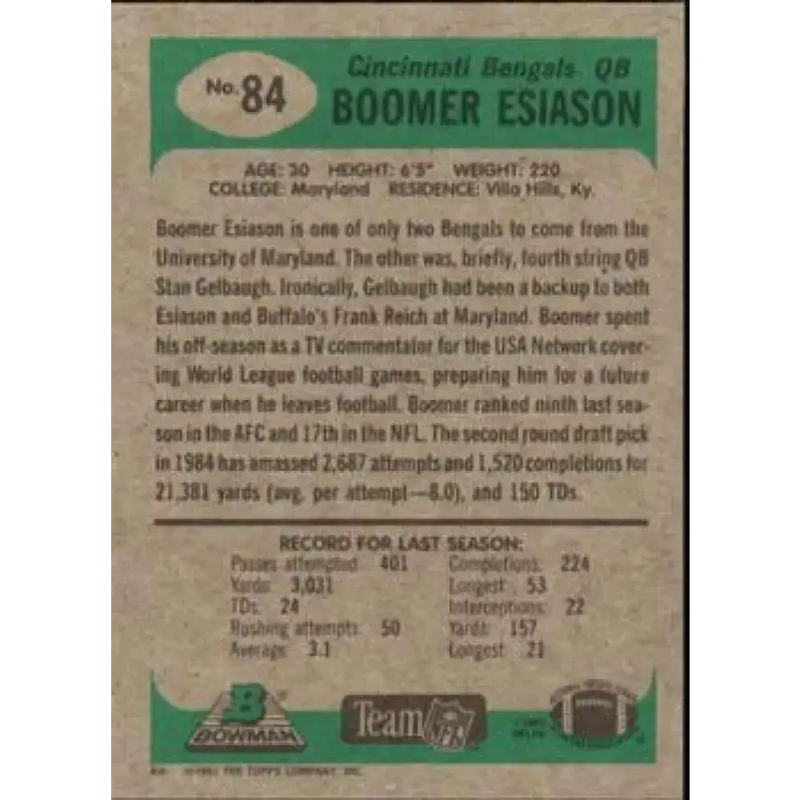 1991 Bowman #84 Boomer Esiason NM-MT Cincinnati Bengals Football Card