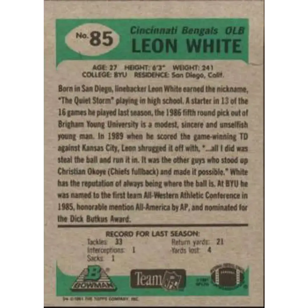 1991 Bowman #85 Leon White NM-MT Cincinnati Bengals Football Card - Football Card Single