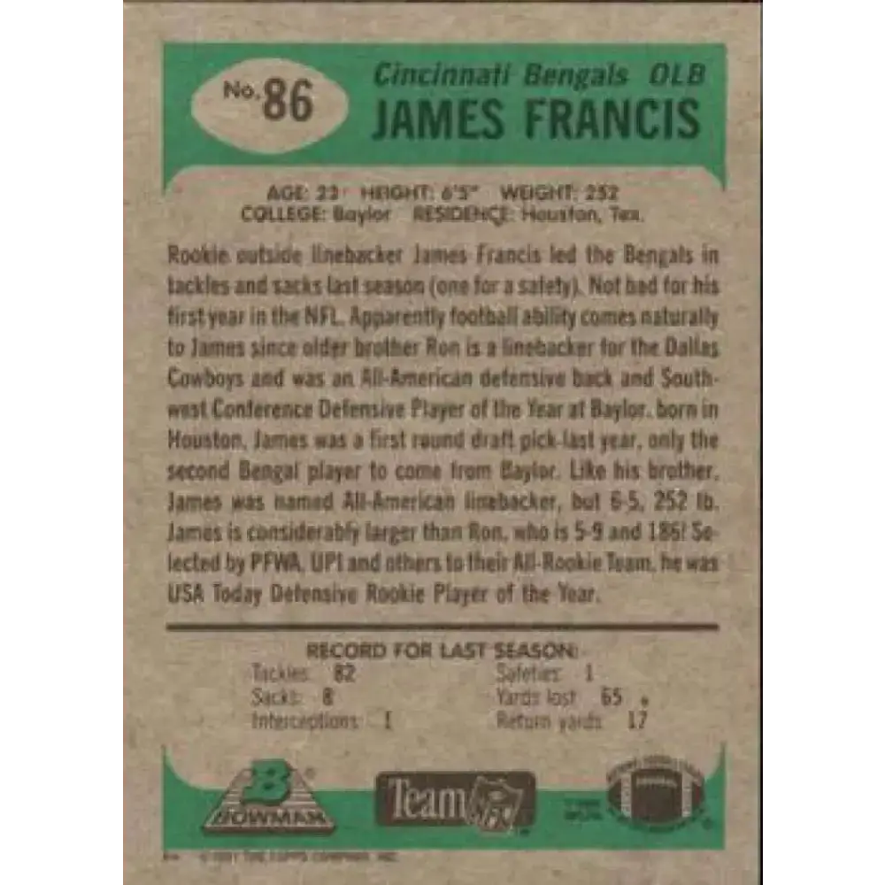 1991 Bowman #86 James Francis NM-MT Cincinnati Bengals Football Card