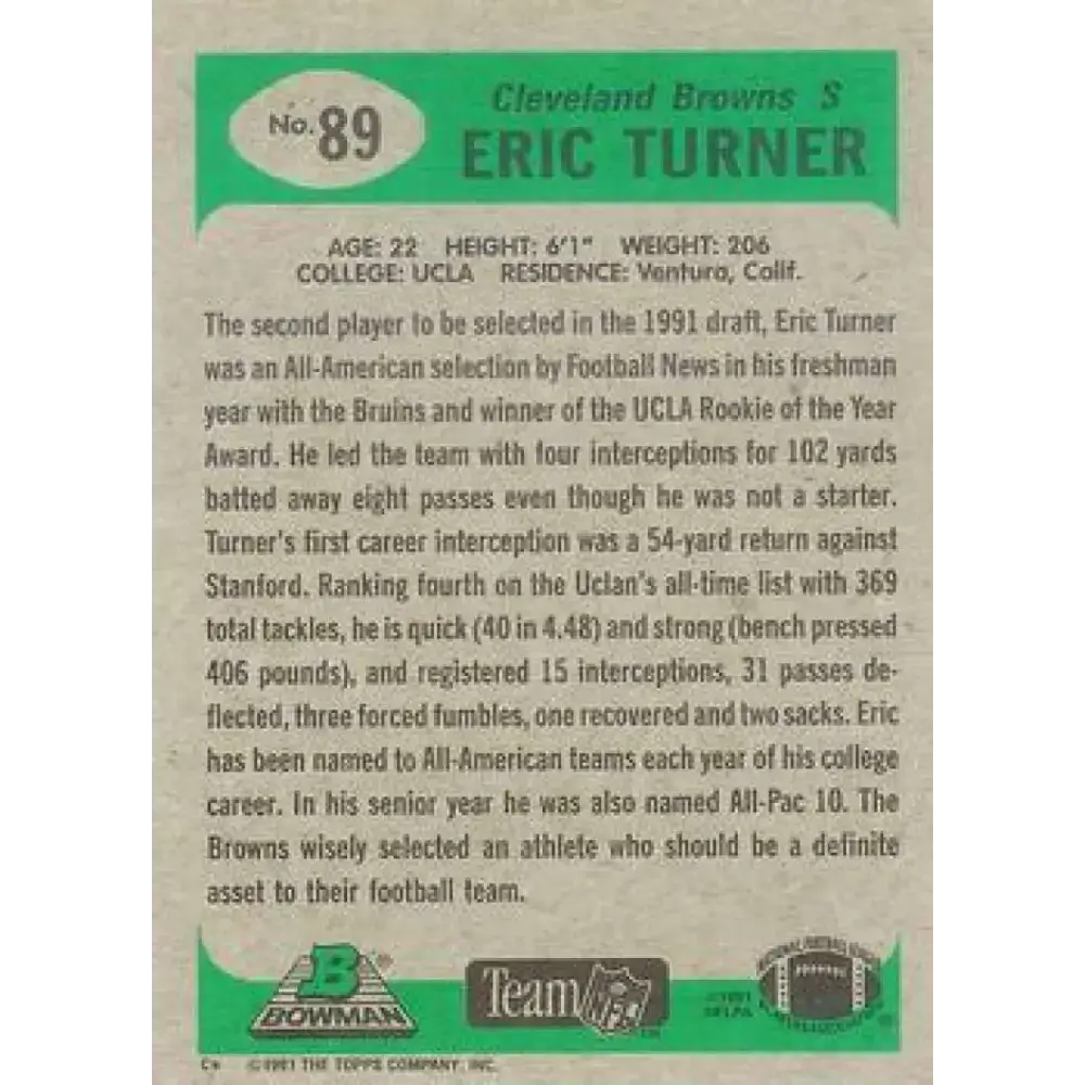 1991 Bowman #89 Eric Turner NM-MT RC Rookie Cleveland Browns Football Card - Football Card Single