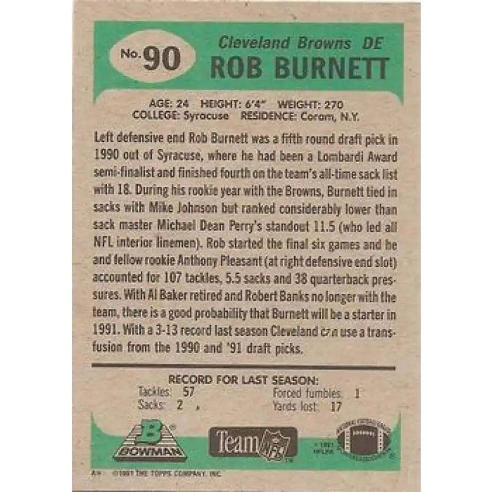 1991 Bowman #90 Rob Burnett NM-MT RC Rookie Cleveland Browns Football Card - Football Card Single
