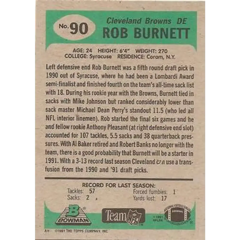 1991 Bowman #90 Rob Burnett NM-MT RC Rookie Cleveland Browns Football Card - Football Card Single