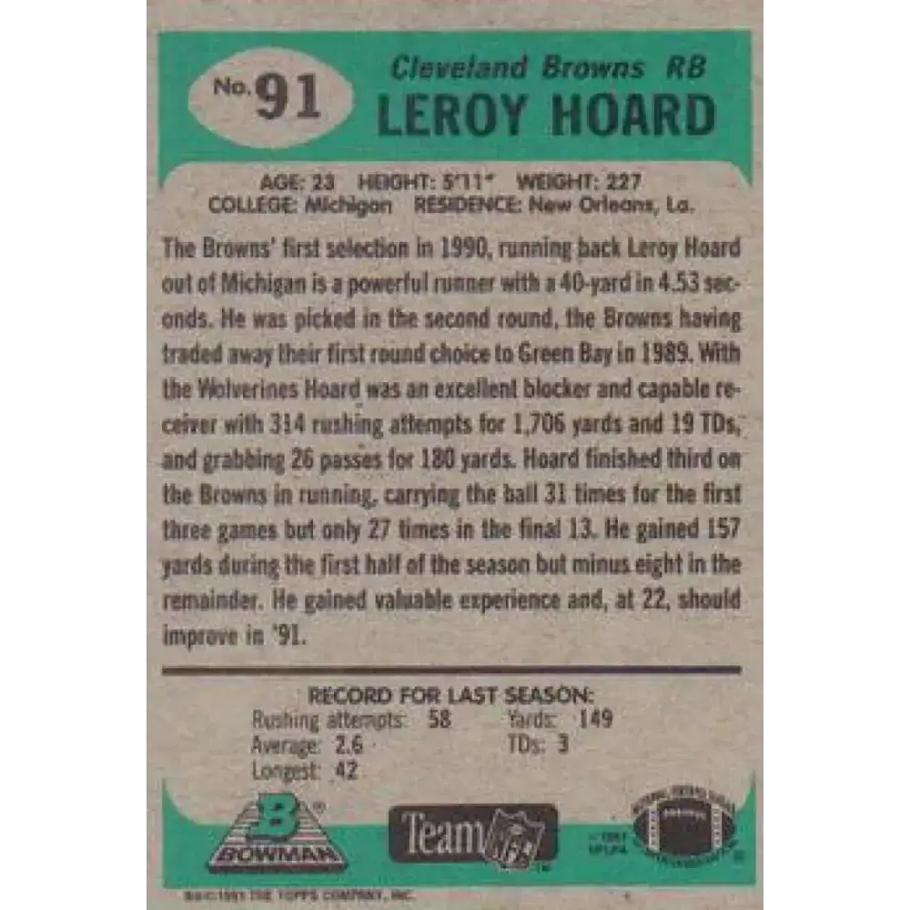 1991 Bowman #91 Leroy Hoard NM-MT Cleveland Browns Football Card - Football Card Single