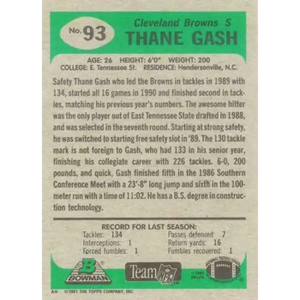 1991 Bowman #93 Thane Gash NM-MT Cleveland Browns Football Card