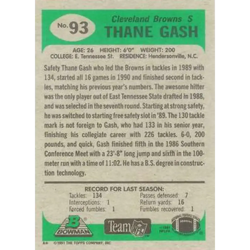 1991 Bowman #93 Thane Gash NM-MT Cleveland Browns Football Card