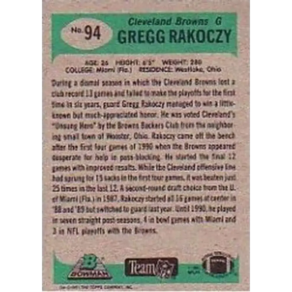 1991 Bowman #94 Gregg Rakoczy NM-MT Cleveland Browns Football Card - Football Card Single