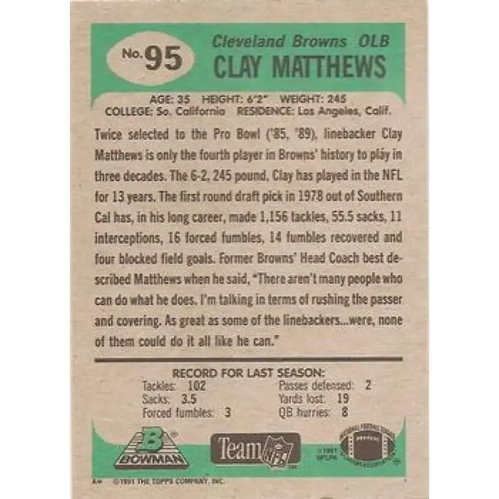 1991 Bowman #95 Clay Matthews NM-MT Cleveland Browns Football Card - Football Card Single