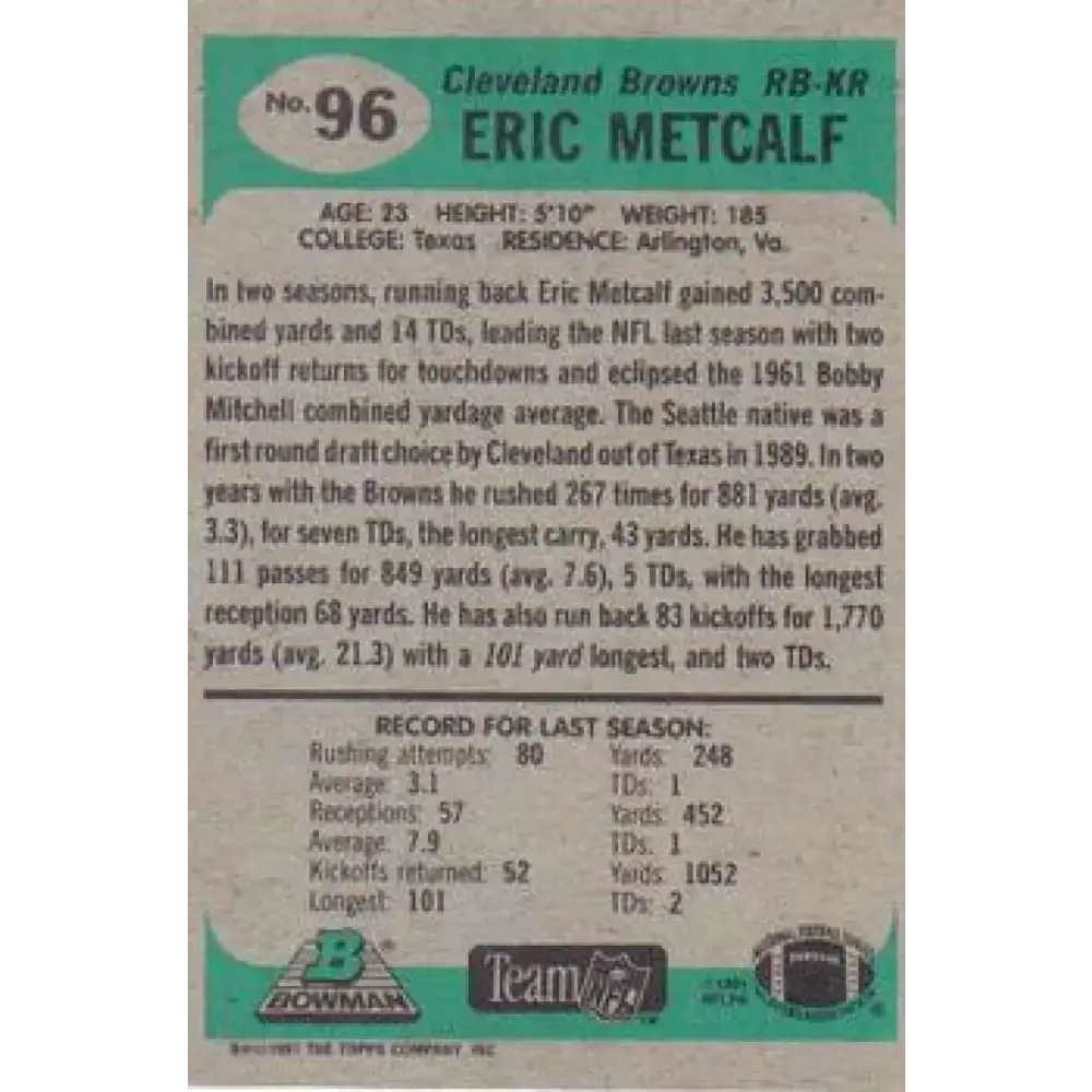 1991 Bowman #96 Eric Metcalf NM-MT Cleveland Browns Football Card - Football Card Single