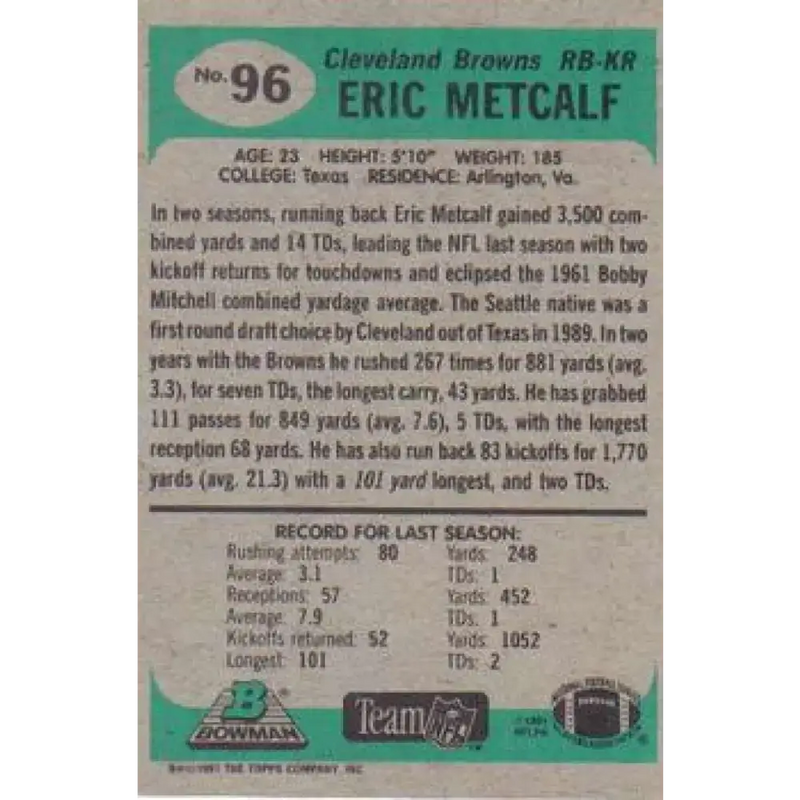 1991 Bowman #96 Eric Metcalf NM-MT Cleveland Browns Football Card - Football Card Single