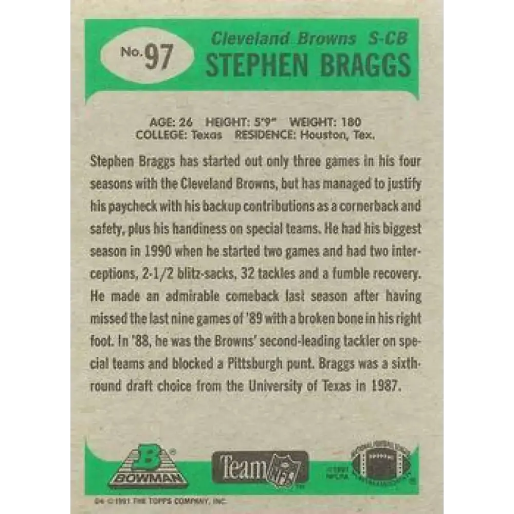 1991 Bowman #97 Stephen Braggs NM-MT Cleveland Browns Football Card - Football Card Single