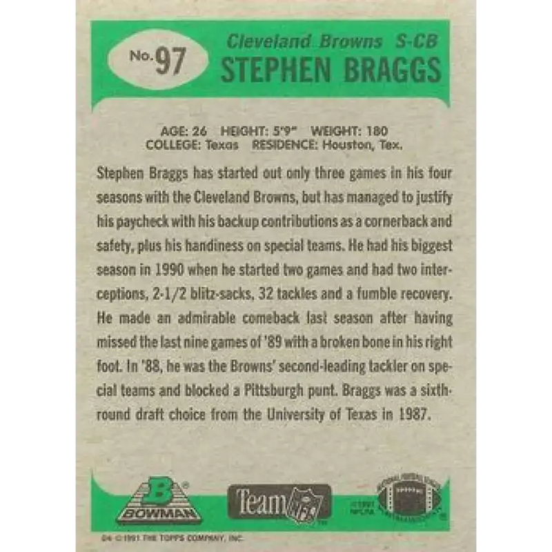 1991 Bowman #97 Stephen Braggs NM-MT Cleveland Browns Football Card - Football Card Single
