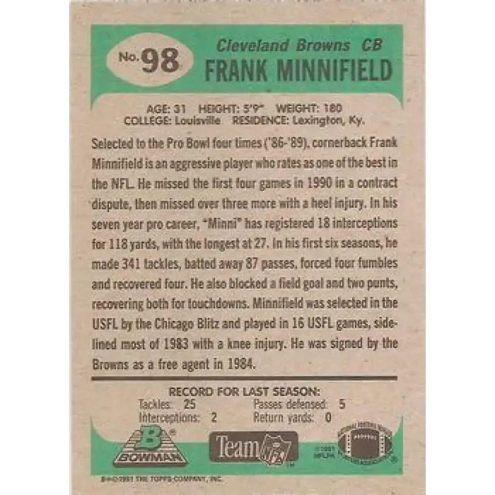 1991 Bowman #98 Frank Minnifield NM-MT Cleveland Browns Football Card - Football Card Single