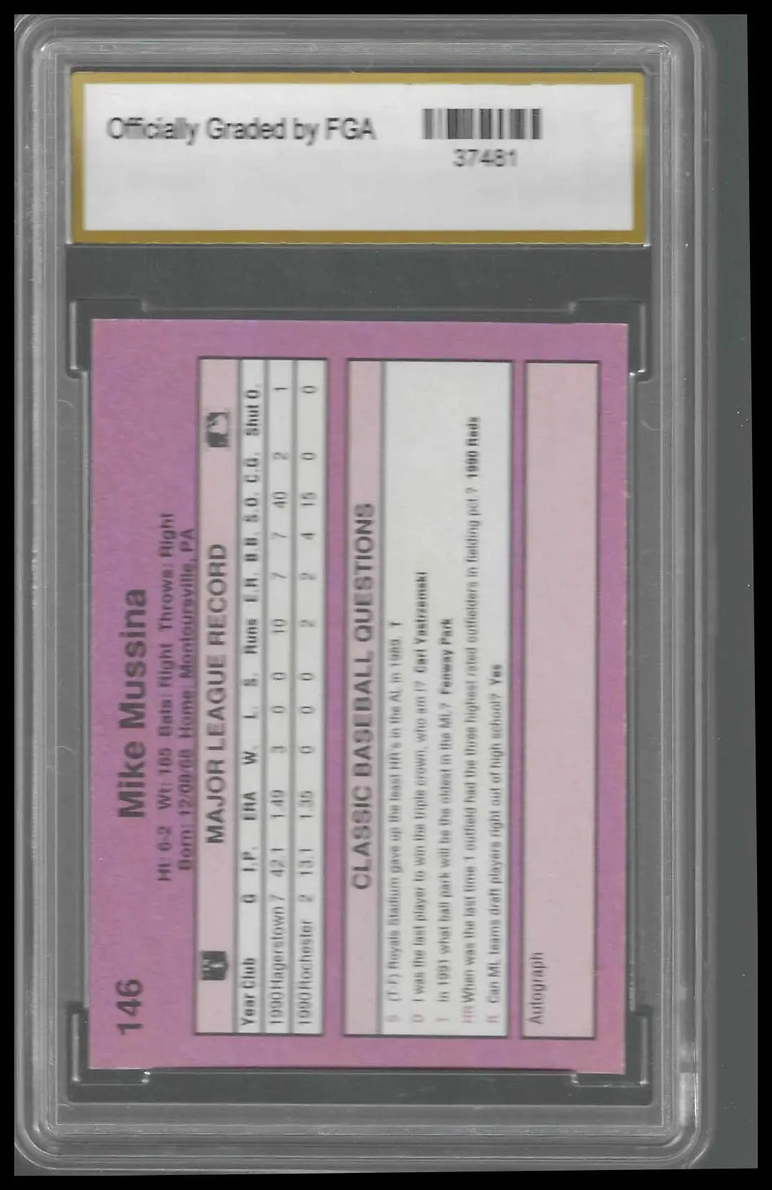 1991 Classic #146 Mike Mussina FGA GEM/MT 10 - Baseball Card Single