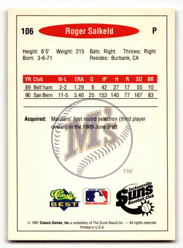Vintage 1991 Classic Best Roger Salkeld baseball card with original gloss and stats