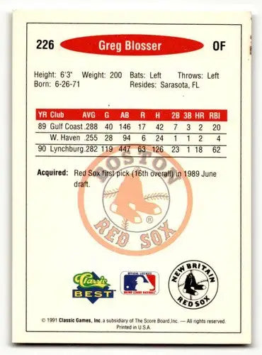 1991 Classic Best #226 Greg Blosser New Britain Red Sox Baseball Car ID:64356 - Baseball Card Single