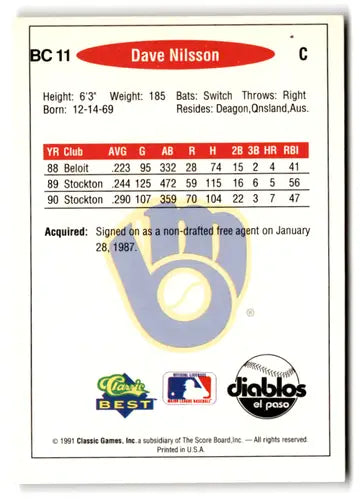 Back of a 1991 Classic Games Dave Nilsson baseball card with original gloss and classic best gold finish
