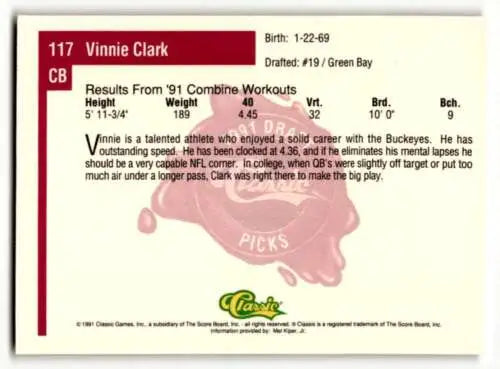 Vinnie Clark Green Bay Packers 1991 Classic Draft Picks Football Card Original Gloss