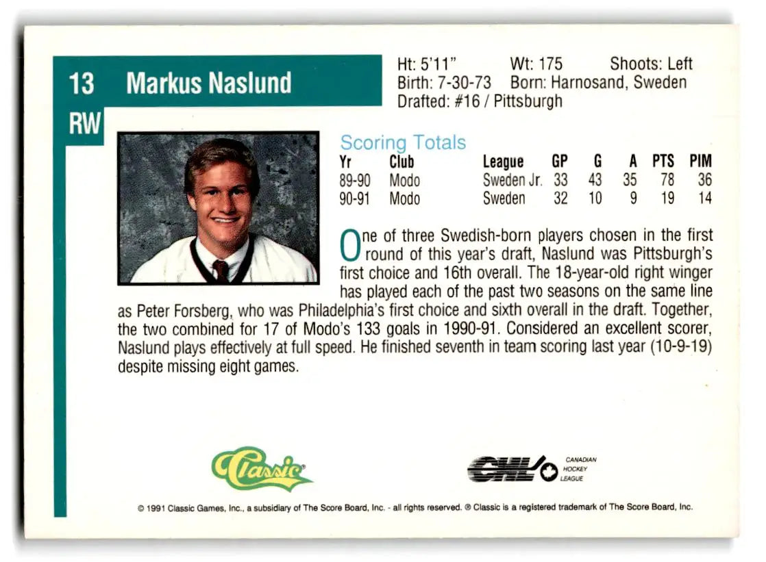 1991 Classic Draft Picks #13 Markus Naslund - Hockey Card Single