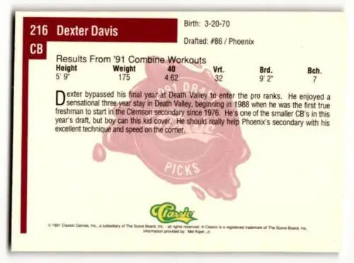 1991 Classic Draft Picks Dexter Davis Phoenix Cardinals Football Card with original gloss