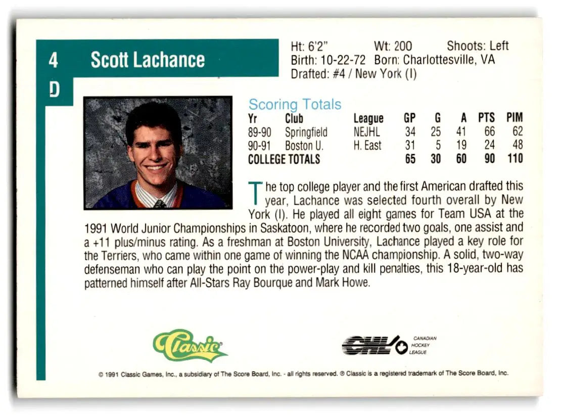 1991 Classic Draft Picks #4 Scott Lachance - Hockey Card Single