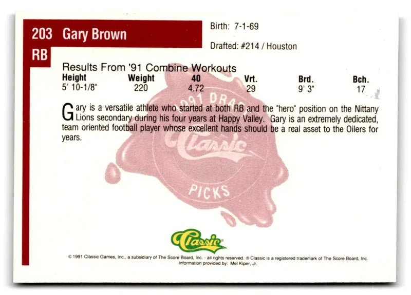 1991 Classic Four Sport #203 Gary Brown - Football Card Single
