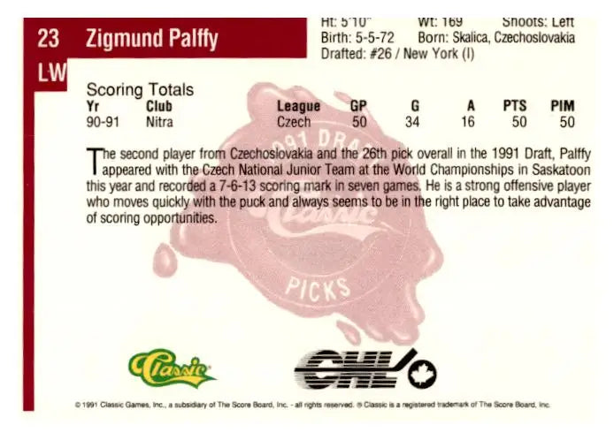 1991 Classic Four Sport #23 Zigmund Palffy - Hockey Card Single
