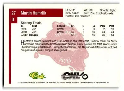 1991 Classic Four Sport #27 Martin Hamrlik - Hockey Card Single