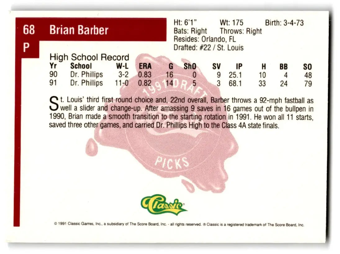1991 Classic Four Sport #68 Brian Barber - Baseball Card Single