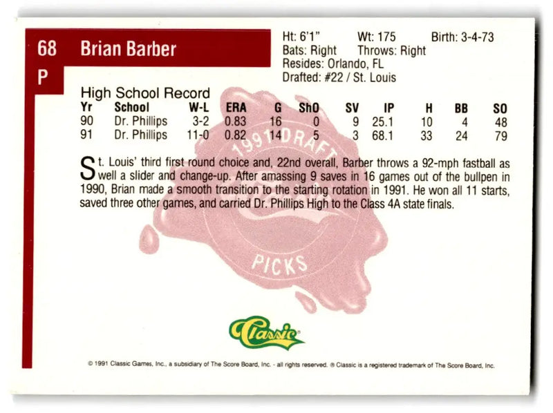 1991 Classic Four Sport #68 Brian Barber - Baseball Card Single