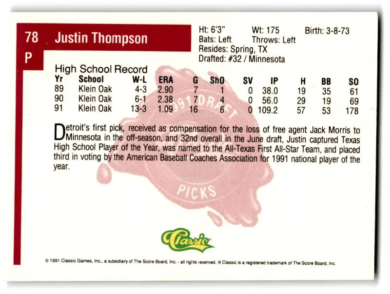 1991 Classic Four Sport #78 Justin Thompson - Baseball Card Single