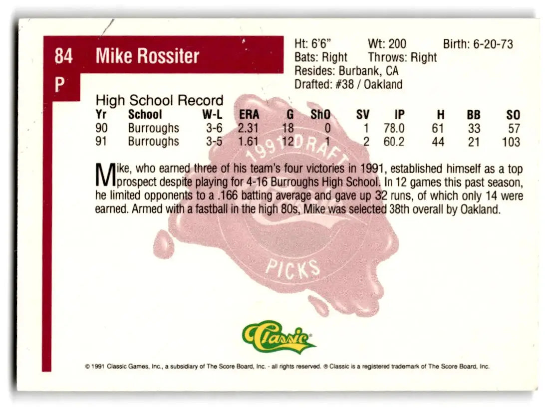 1991 Classic Four Sport #84 Mike Rossiter - Baseball Card Single