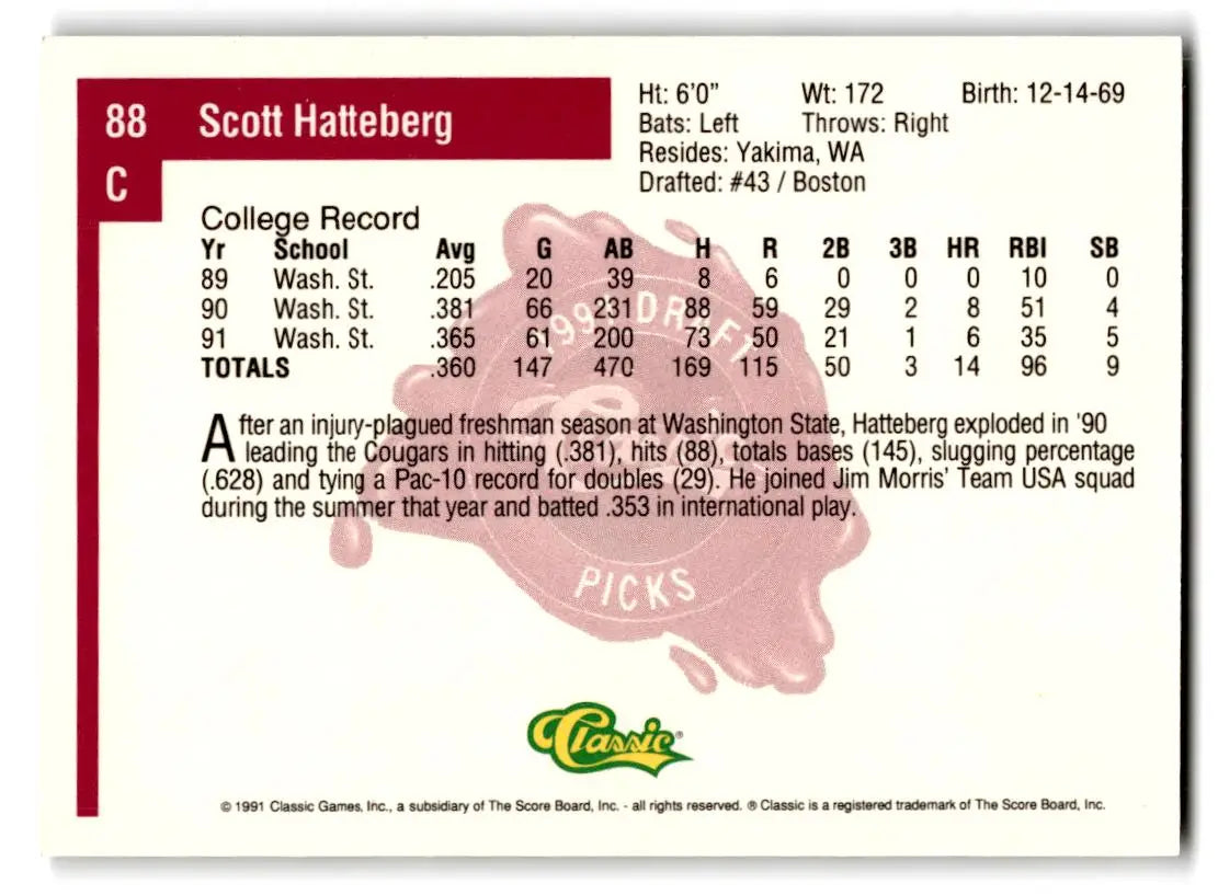 1991 Classic Four Sport #88 Scott Hatteberg - Baseball Card Single