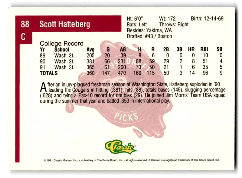 1991 Classic Four Sport #88 Scott Hatteberg - Baseball Card Single